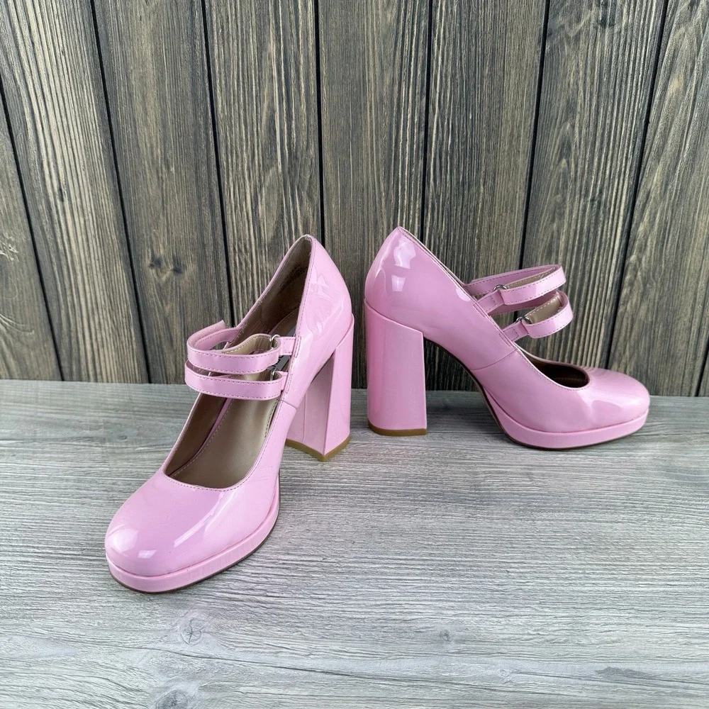 Steve Madden Womens 7.5 Pink Patent Mary Jane Platform Block Heel Pumps